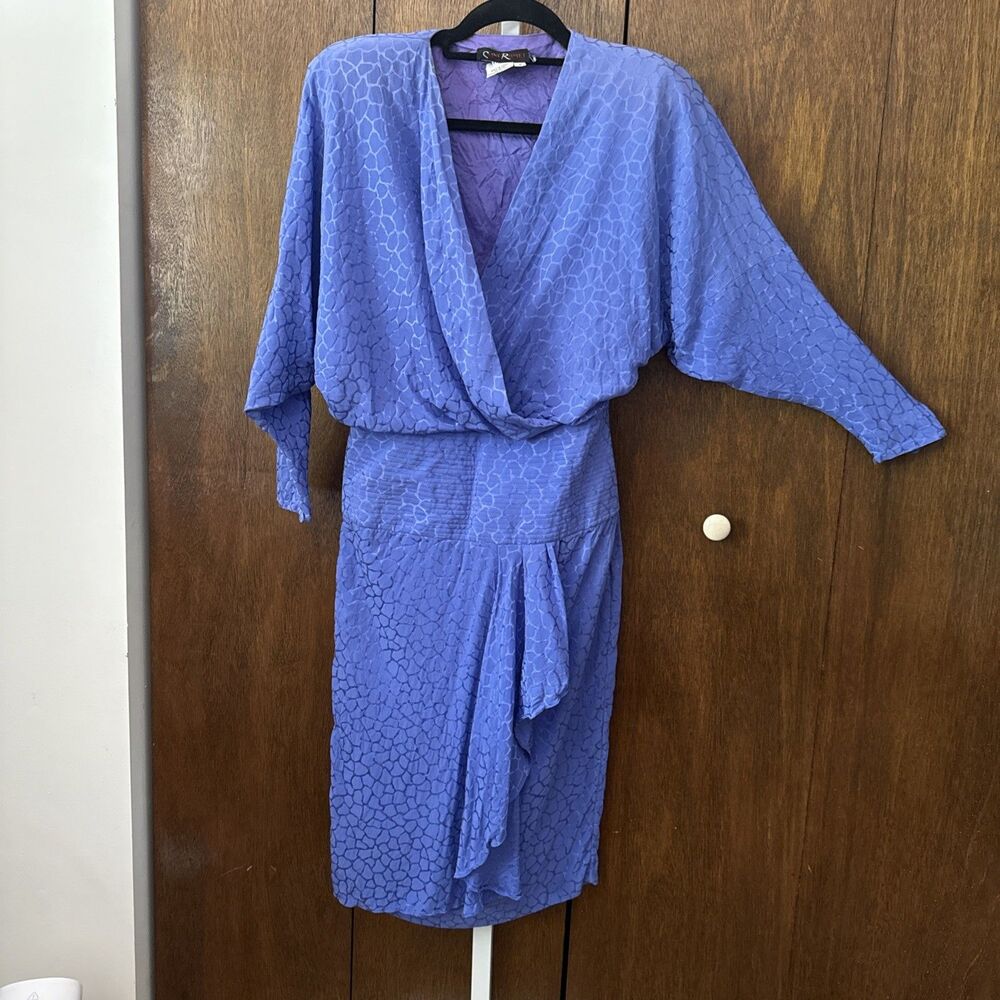 Vintage 80s Dress Blue 100% Silk Shoulder Pads Blouson Upper Sz 6 Saint Romei